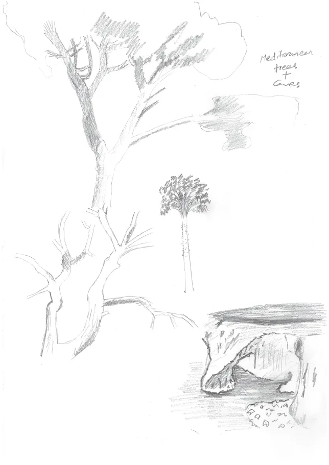Sketches of Mediterranean trees and caves