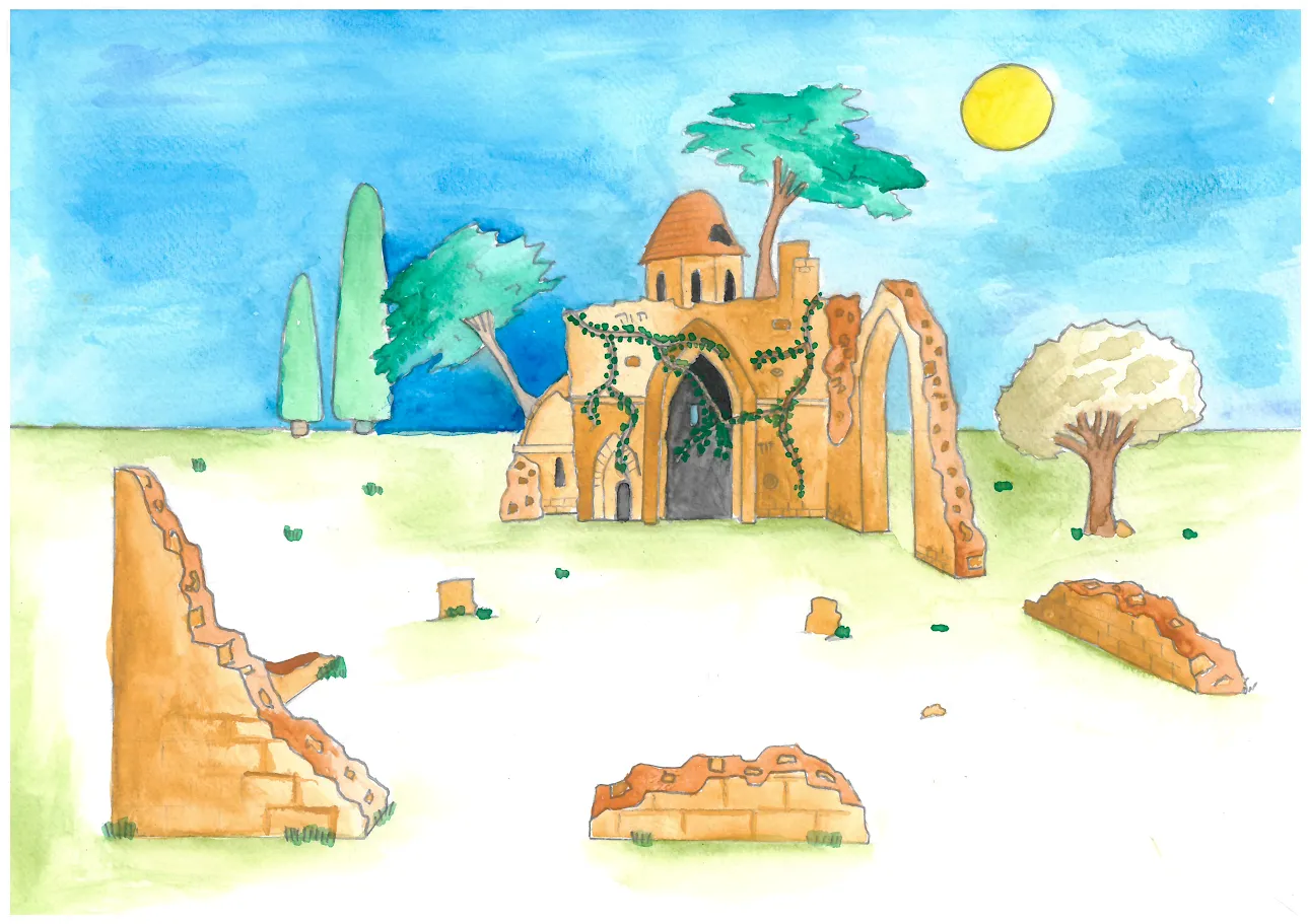 Concept art of the ruins, in colour